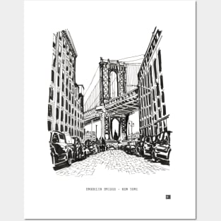 Brooklyn Bridge New York Cityscape USA Pen and Ink Illustration Posters and Art